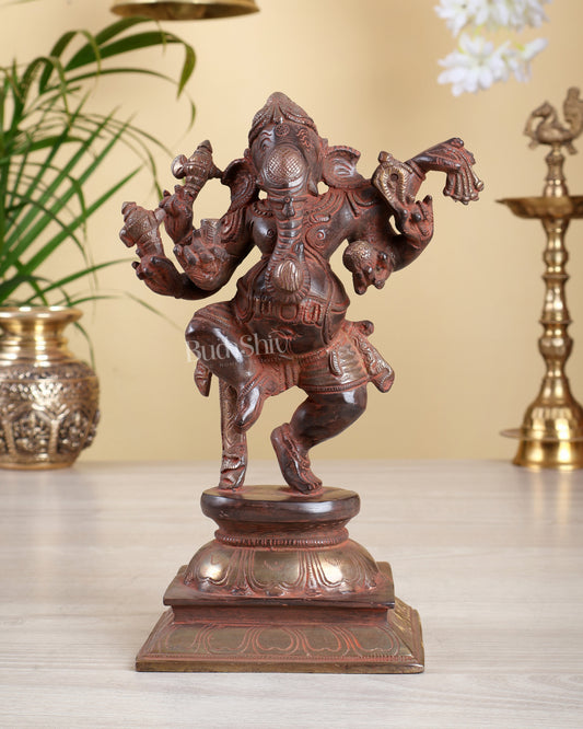 Brass Dancing Ganesha Statue – Red Sand Finish with Silver Patina | 9.5 Inch