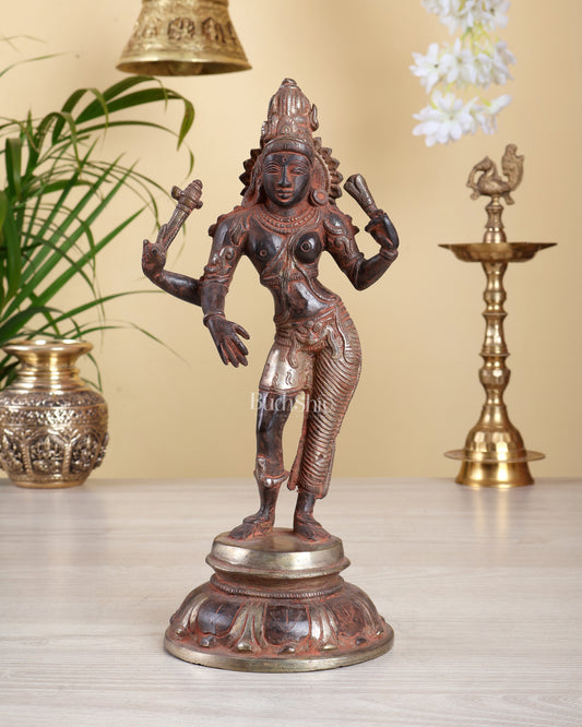 Brass Ardhanishvara Sculpture – Dual Tone Red Silver Antique Finish | 11.5 Inch