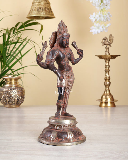 Brass Ardhanishvara Sculpture – Dual Tone Red Silver Antique Finish | 11.5 Inch