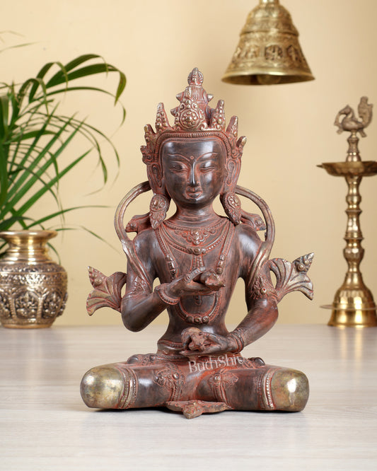Vintage Brass Vajrasattva Statue – Red Patina & Silver Tone Finish | 10 Inch Spiritual Home Décor