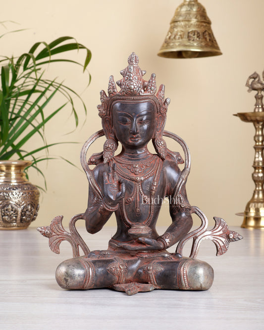 Vintage Brass amoghasiddhi Buddha Statue – Red Patina Finish with Silver Tone 10"