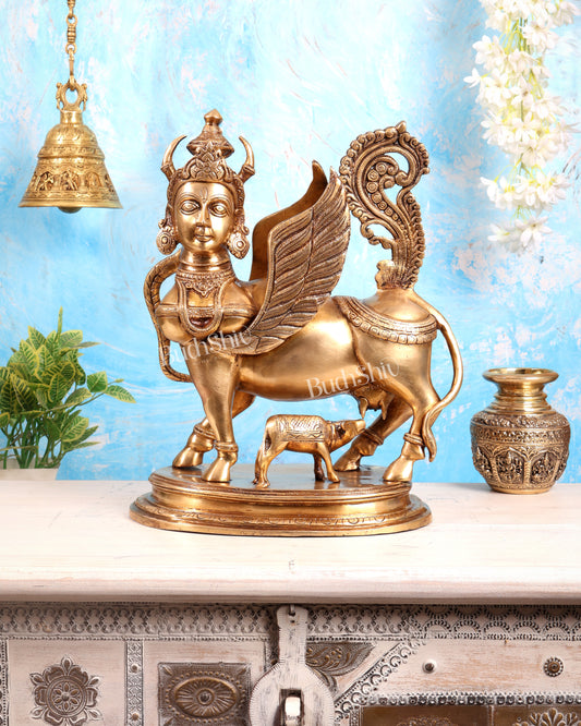 Exquisite Brass Kamdhenu Cow with calf Statue | 16.5"
