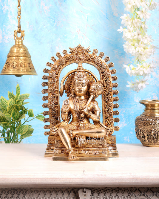 Pure Brass Superfine Lord Hanuman idol on throne with Prabhavali aura - 11 inch