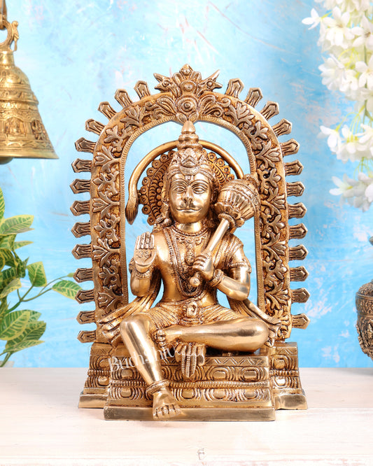 Pure Brass Superfine Lord Hanuman idol on throne with Prabhavali aura - 11 inch