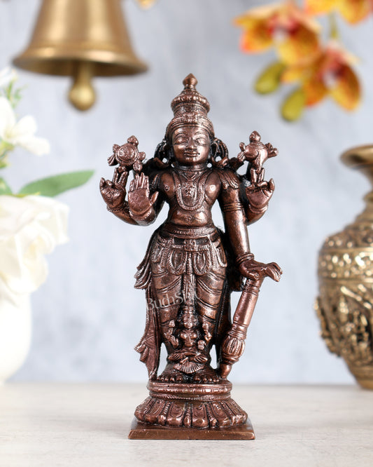 Pure Copper Lakshmi Narayan Idol – Standing Vishnu with Seated Lakshmi idol 5.5"