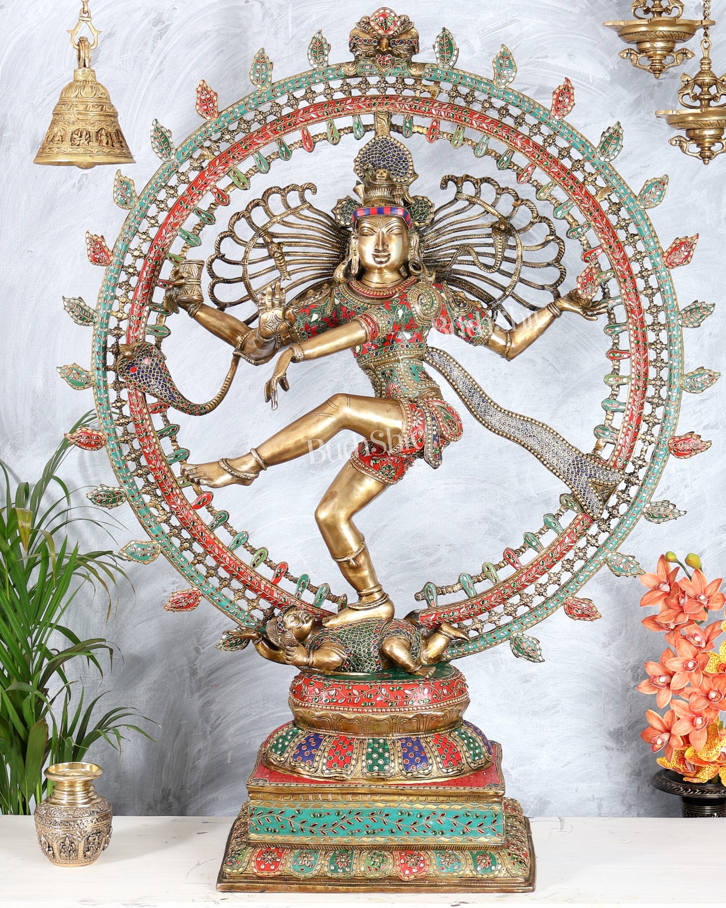 Pure Brass Large Lord Shiva as Nataraja - 47 Inch, meenakari Stonework