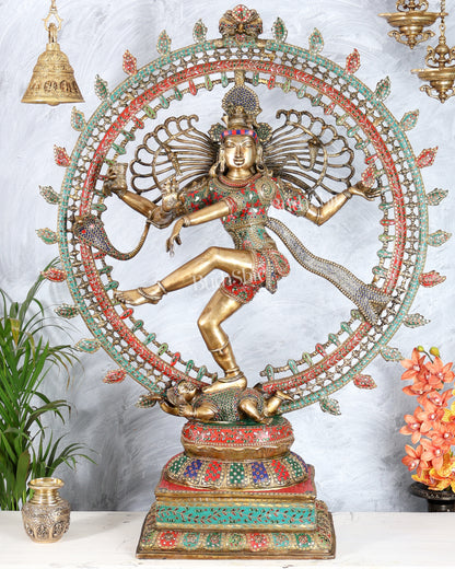 Pure Brass Large Lord Shiva as Nataraja - 47 Inch, meenakari Stonework
