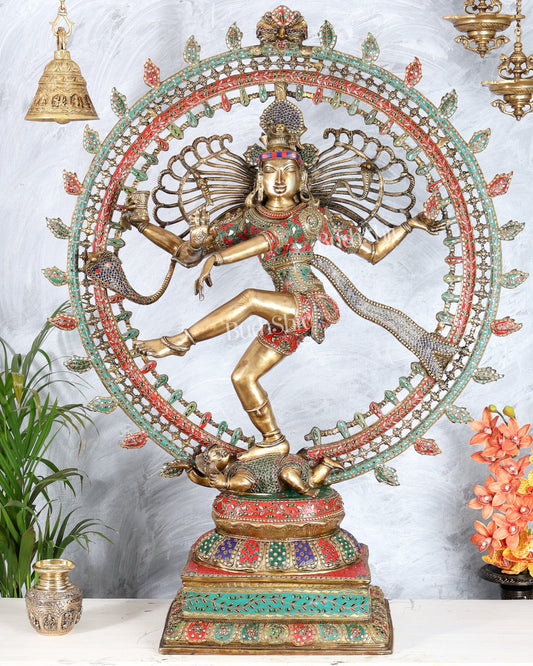 Pure Brass Large Lord Shiva as Nataraja - 47 Inch, meenakari Stonework