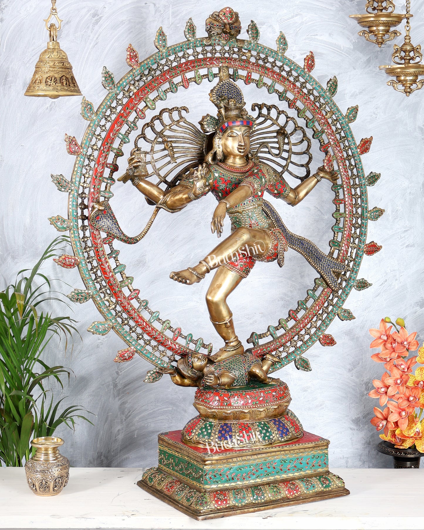 Pure Brass Large Lord Shiva as Nataraja - 47 Inch, meenakari Stonework
