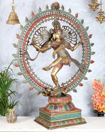 Pure Brass Large Lord Shiva as Nataraja - 47 Inch, meenakari Stonework