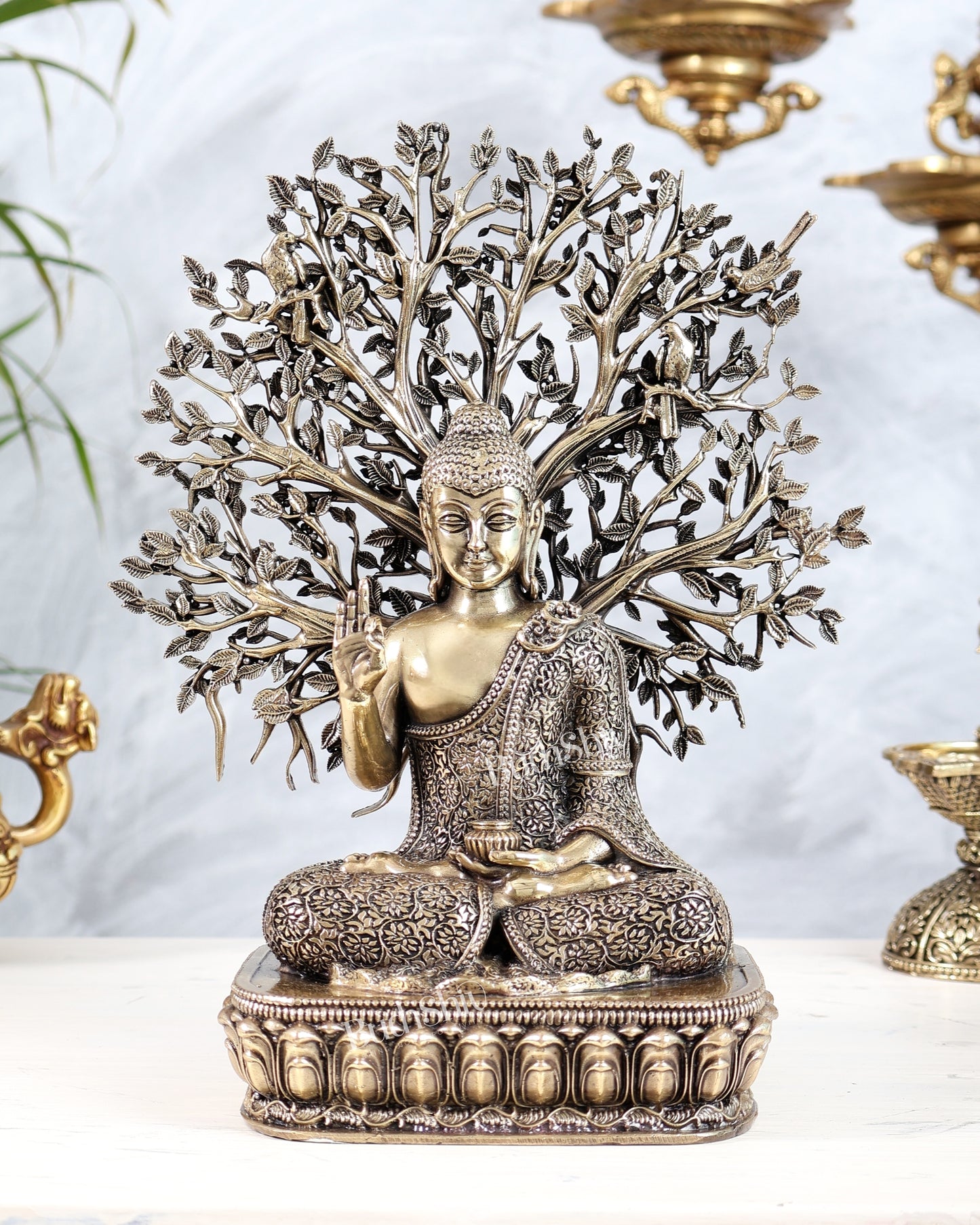 Brass Buddha with Bodhi Tree Sculpture | Enlightenment Buddha Statue 10"