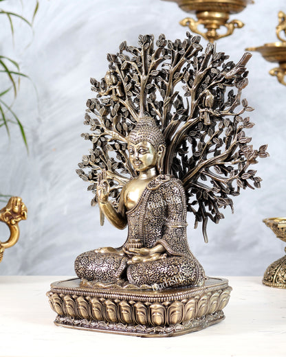 Brass Buddha with Bodhi Tree Sculpture | Enlightenment Buddha Statue 10"