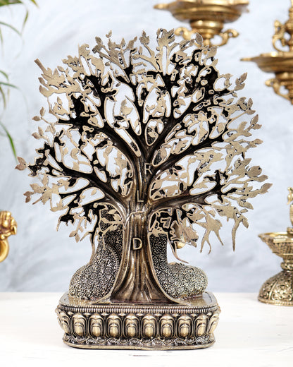 Brass Buddha with Bodhi Tree Sculpture | Enlightenment Buddha Statue 10"