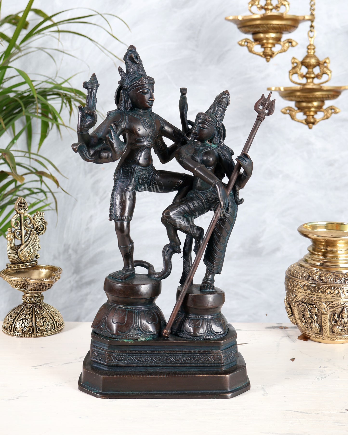 Vintage Brass Shiva Parvati Dancing Idols - 12.5" Antique bronze tone