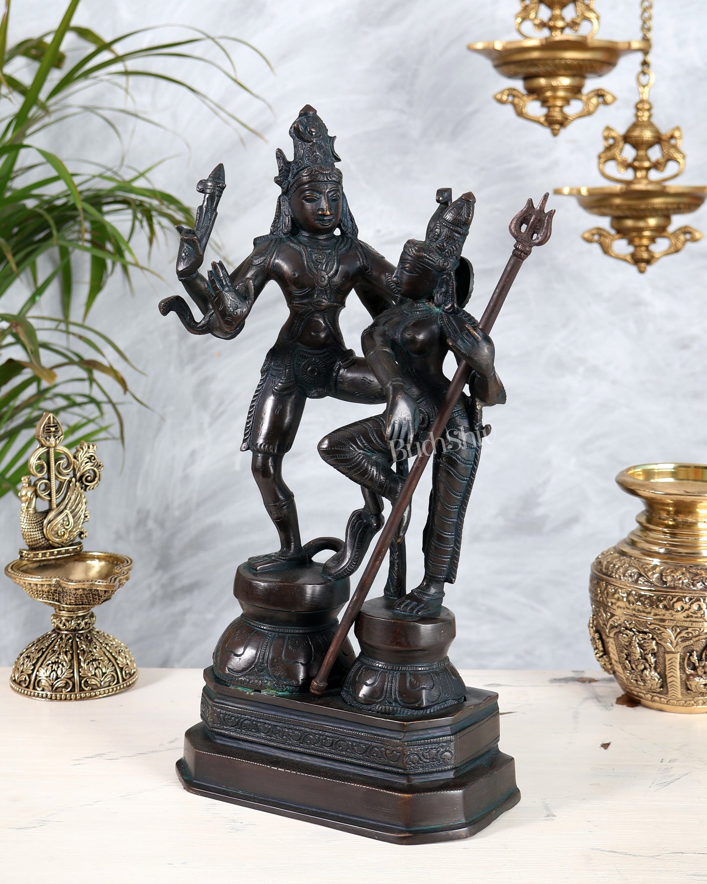 Vintage Brass Shiva Parvati Dancing Idols - 12.5" Antique bronze tone