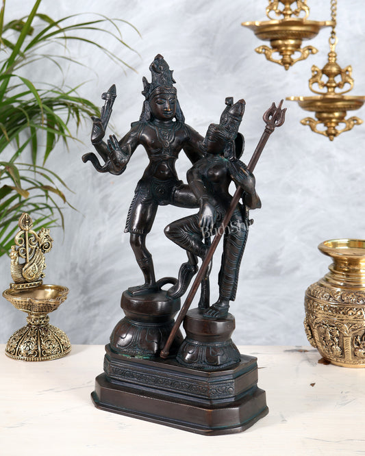 Vintage Brass Shiva Parvati Dancing Idols - 12.5" Antique bronze tone