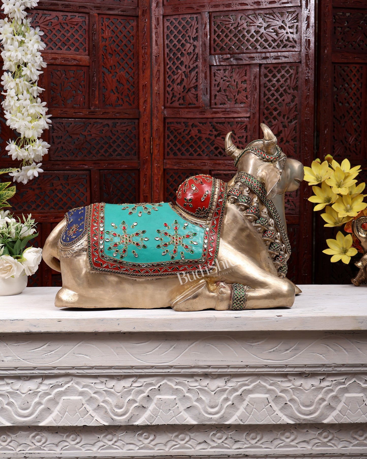 Handcrafted Brass Nandi Idol – meenakari 21"