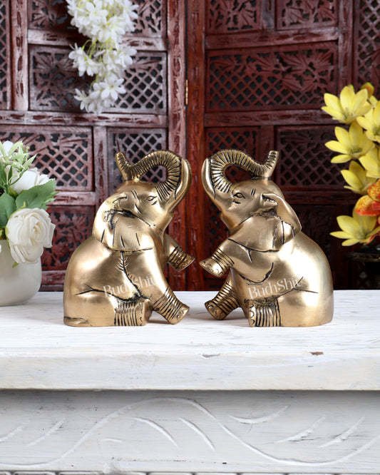 Brass Pair of Baby Elephants with Raised Trunks | Auspicious Elephant Showpiece for Home Décor