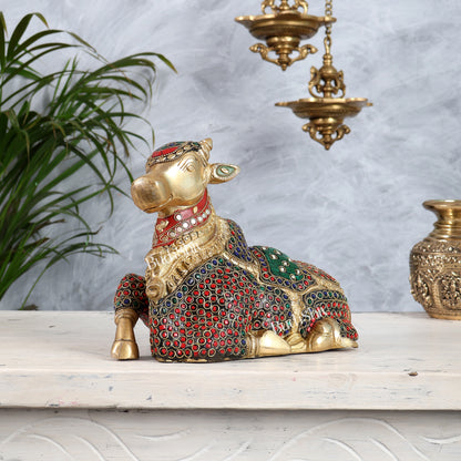 Beautiful Brass Nandi Statue with Intricate Carvings 9.5" with stonework