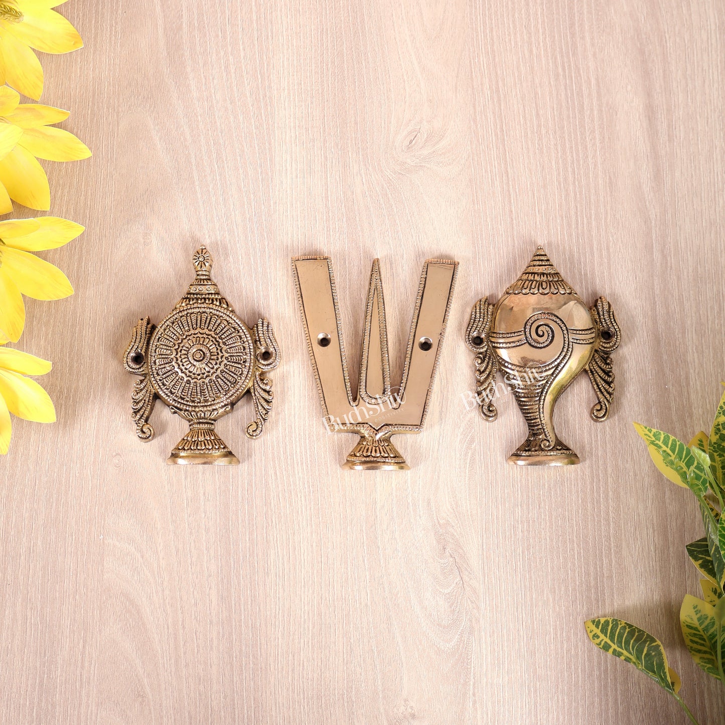 Brass Shankh Chakra Namah Wall Hanging | Vaishnava Divine Symbols Décor 5"
