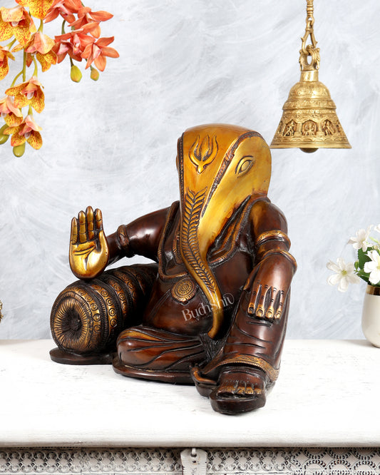 Resting Ganesha Statue – Pure Brass Dual Tone Finish 13 inch