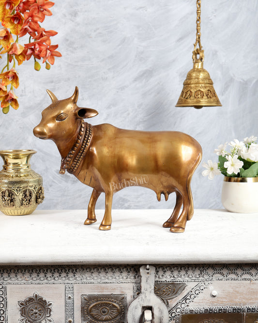 Brass Standing Cow Idol - Gomatha Statue antique matte finish | 13 inch