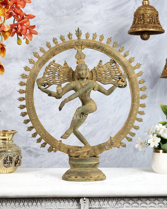 Vintage Brass Nataraja Statue – Antique Green Tone Shiva Cosmic Dance Sculpture (19 Inches)