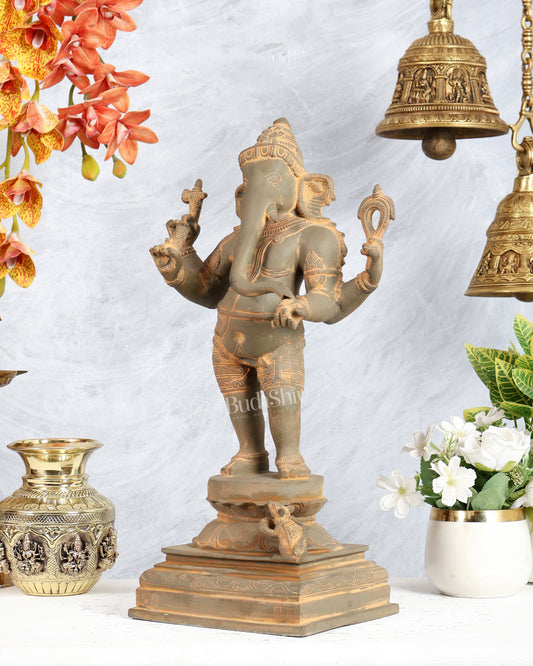 Pure Brass Standing Ganesha Sculpture – Green sand finish 18 inch