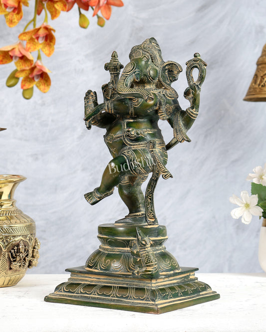 Pure Brass Dancing Ganesha Statue Green finish 13 inch