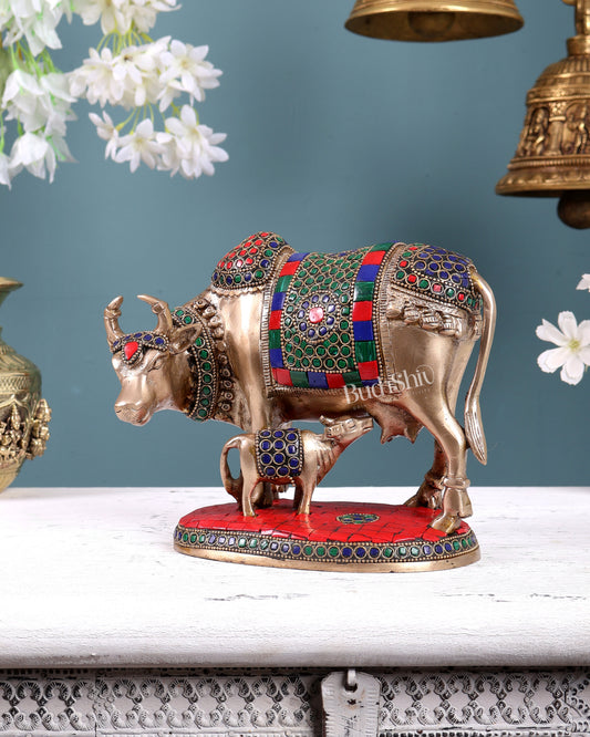 Handcrafted Brass Cow and Calf Statue with stonework  8.5"