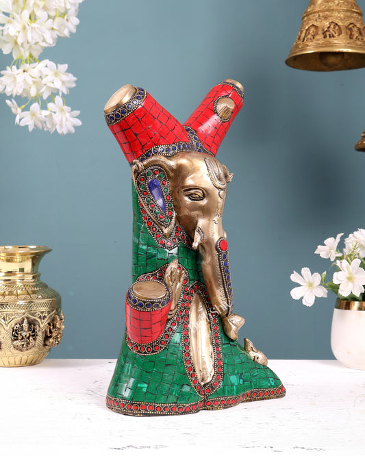 Unique Brass Ganesha Statue Carved in Tree – 12" with stonework