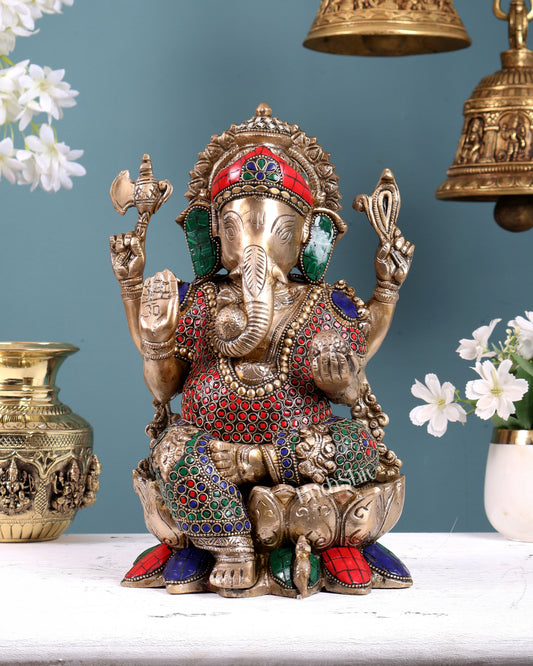 Brass Ganesha idol with trunk on right side 12 inch with stonework valampuri