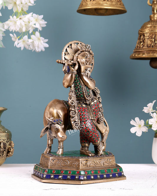 Brass Handcrafted Lord Krishna with Cow | 11.5" with stonework