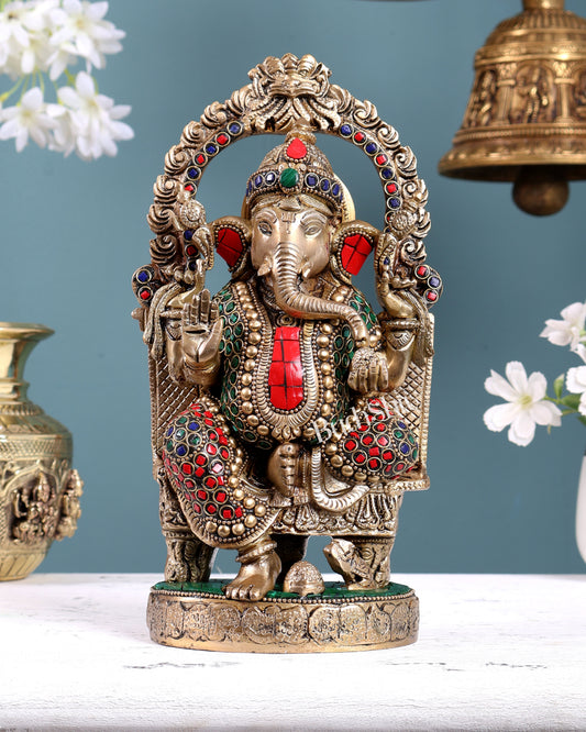 Pure Brass Lord Ganesha Seated on a Throne Statue 10" with stonework