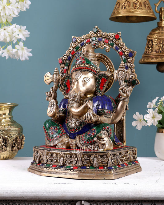 Brass Lord Ganesha Statue with Unique Decorative Frame (13 Inch) stonework