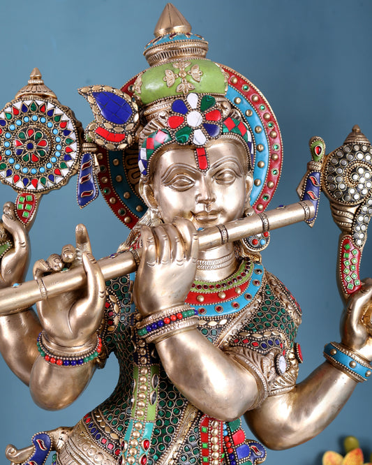 Superfine Brass Krishna Sculpture holding shankh and chakra - 32.5 Inch with stonework