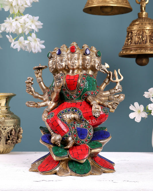 Brass Gayatri Devi Idol – Five Faces & Ten Arms Seated on Lotus 9 inch with Stonework