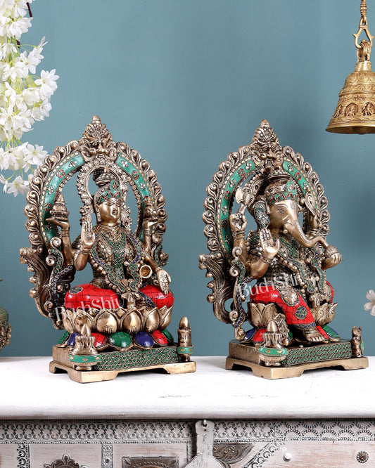 Lord Ganesha and Goddess Lakshmi Brass Statues - Height 18 inch with Stonework