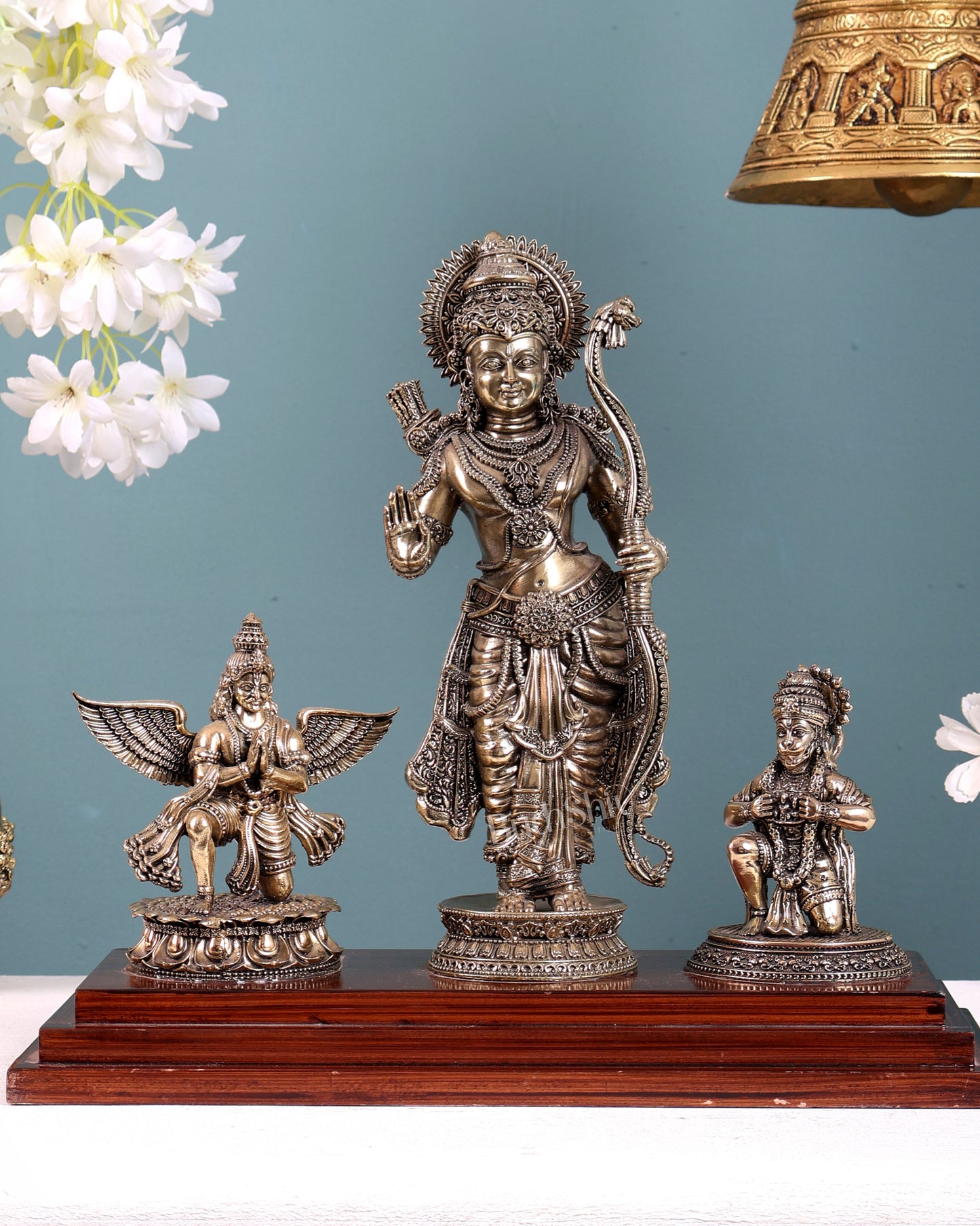 Brass Superfine Lord Rama Statue with Garuda & Hanuman on Wooden Base 12 inch