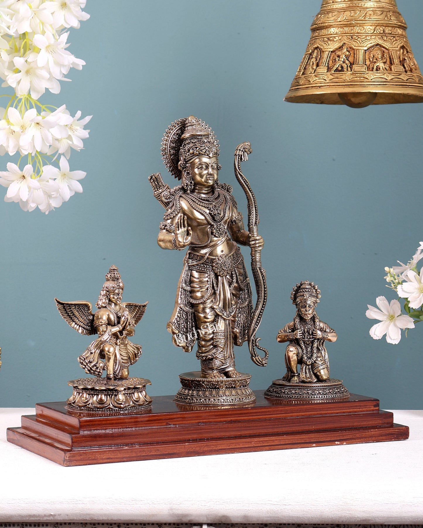 Brass Superfine Lord Rama Statue with Garuda & Hanuman on Wooden Base 12 inch