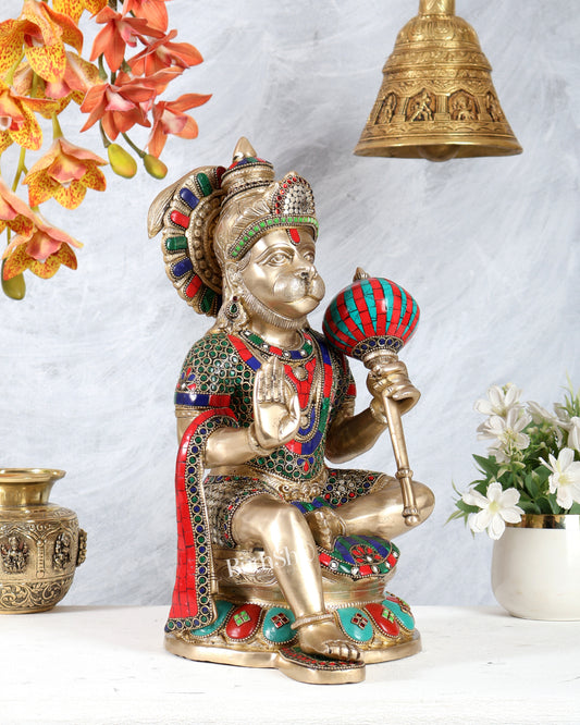 Pure Brass Large Hanuman Ji Idol | 15 Inch (38.1 cm) with meenakari Stonework