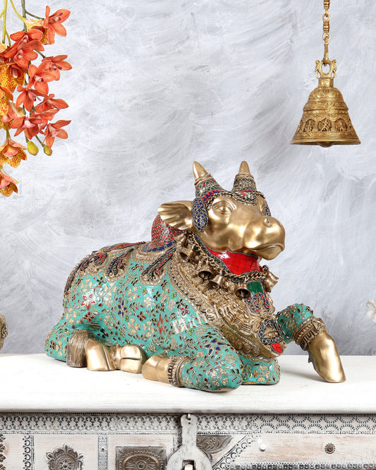 Large Brass Nandi Sculpture – Majestic Temple Design 25 inch with Stonework