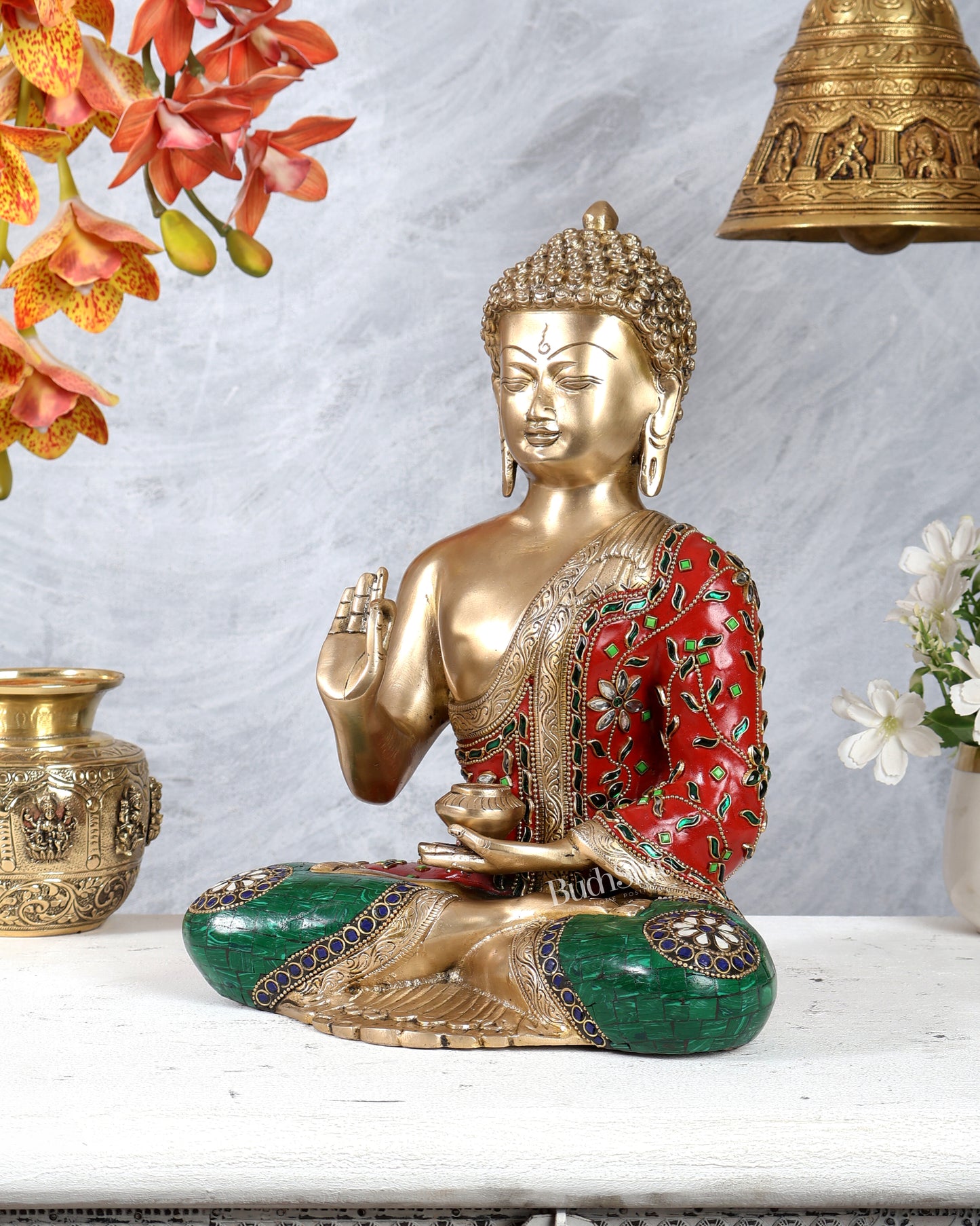Pure Brass Blessing Buddha Statue with meenakari Stonework 12 inch