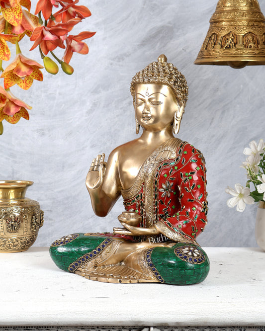 Pure Brass Blessing Buddha Statue with meenakari Stonework 12 inch