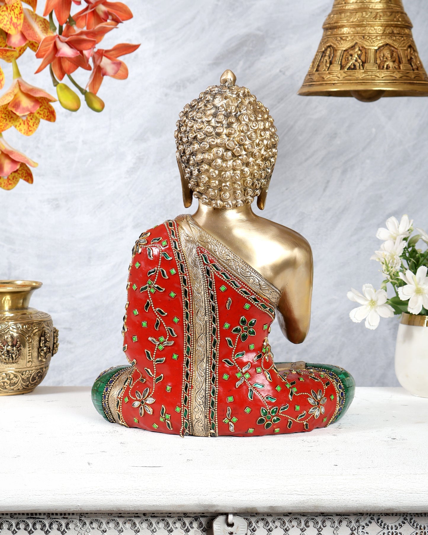 Pure Brass Blessing Buddha Statue with meenakari Stonework 12 inch