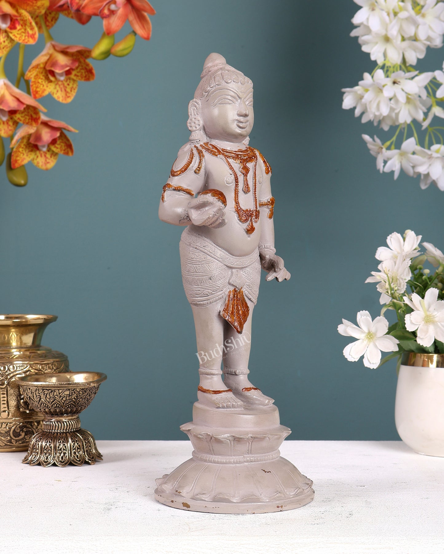 Enchanting Brass Superfine Standing Laddu Gopala Statue - 12 inch with vintage white tone