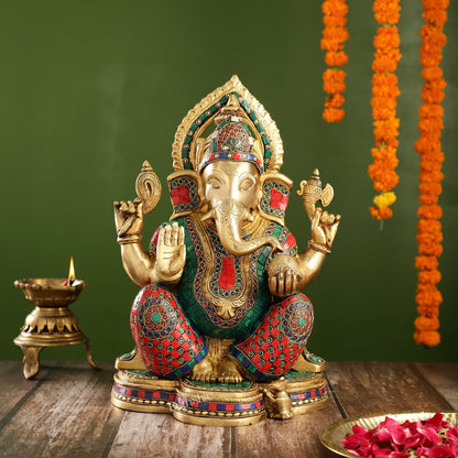 Brass Ganesha Idol with Stonework | Height 15 inch