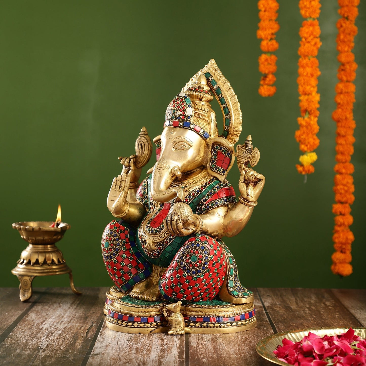 Brass Ganesha Idol with Stonework | Height 15 inch