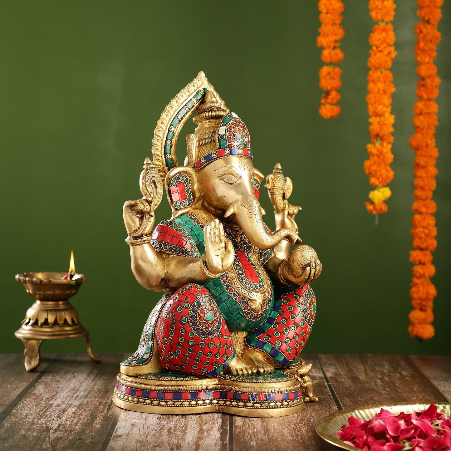 Brass Ganesha Idol with Stonework | Height 15 inch