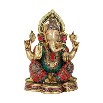 Brass Ganesha Idol with Stonework | Height 15 inch